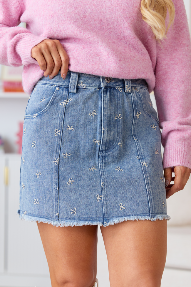 Jillian Indigo Bow Embroidered Skirt